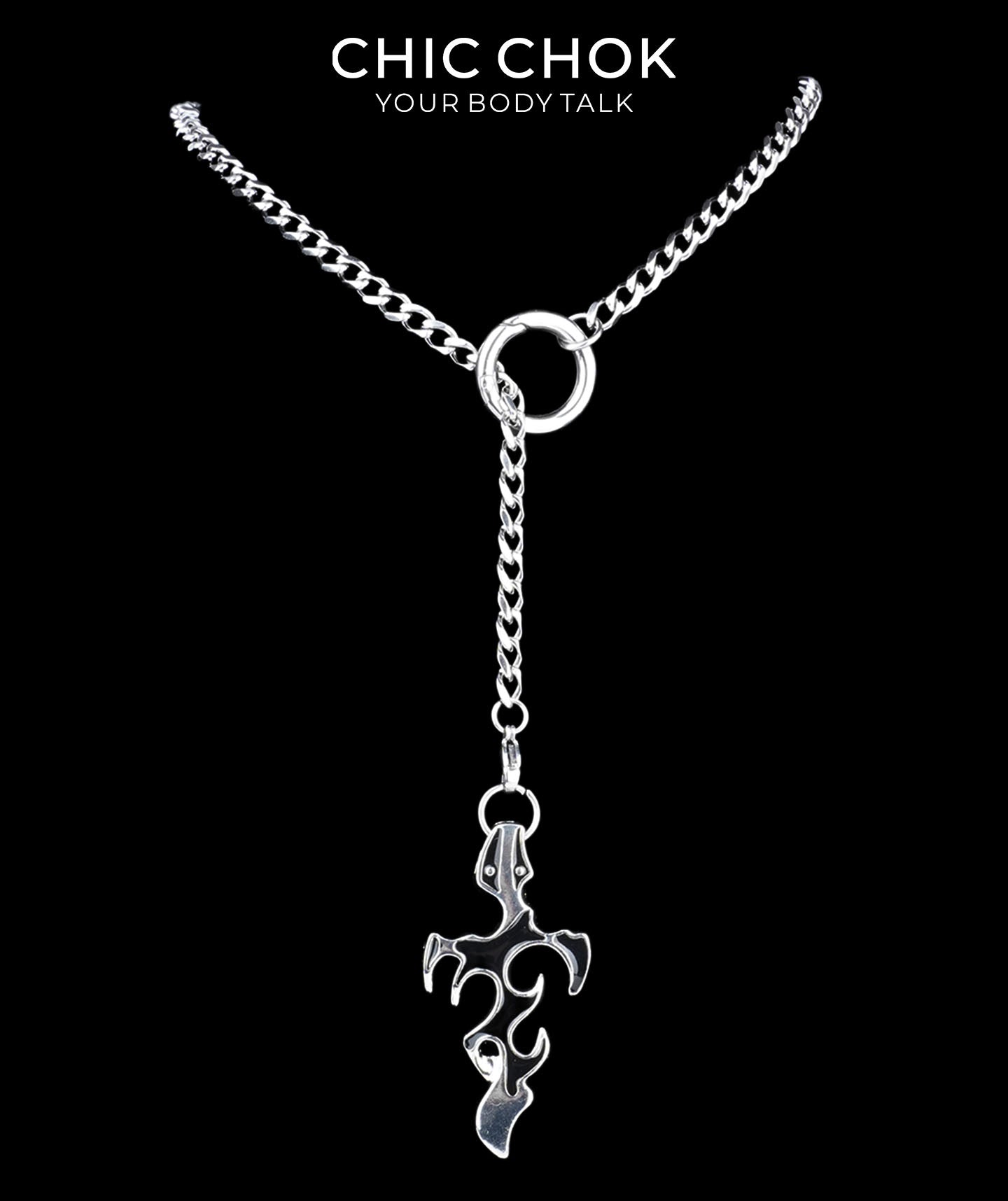 CHICCHOK Subversive Y-Lariat Chain Necklace | Gothic Stainless Steel Cuban Link Collar