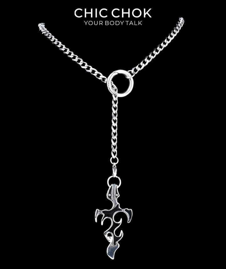 CHICCHOK Subversive Y-Lariat Chain Necklace | Gothic Stainless Steel Cuban Link Collar