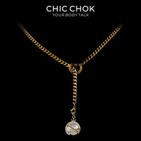 Collier cravate en Y Whispering Selene CHICCHOK | Chaîne dorée à maillons cubains en acier inoxydable avec cœur | Pendentif lune astrologique en nacre et strass décliné en 12 signes du zodiaque
