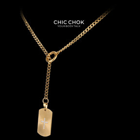 CHICCHOK "Glorious Dog Tag" Custom Laser Engraved Y-Necklace | Stainless Steel Gothic Cross Military Tag Drop Chain | Dark Streetwear Subculture Jewelry