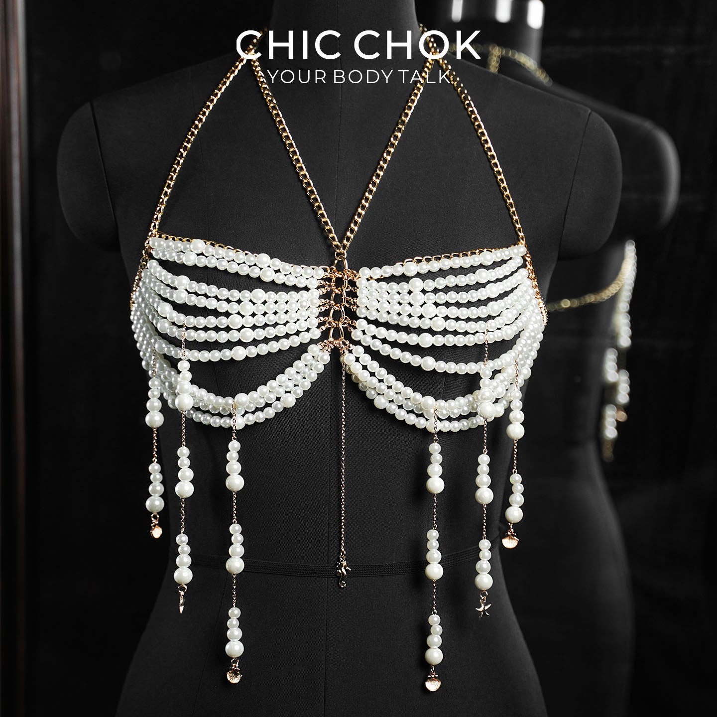 CHICCHOK Golden Pearl Cascade | warstwowy łańcuch na ciało typu halter | uprząż bralette z chwostami i peleryną