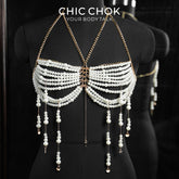 CHICCHOK Golden Pearl Cascade | Layered Halter Body Chain | Tassel Cape Harness Bralette