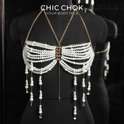 CHICCHOK Golden Pearl Cascade | Body Chain Halter Berlapis | Bralette Harness dengan Tassel Cape