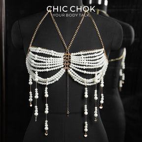 CHICCHOK Golden Pearl Cascade | Layered Halter Body Chain | Tassel Cape Harness Bralette