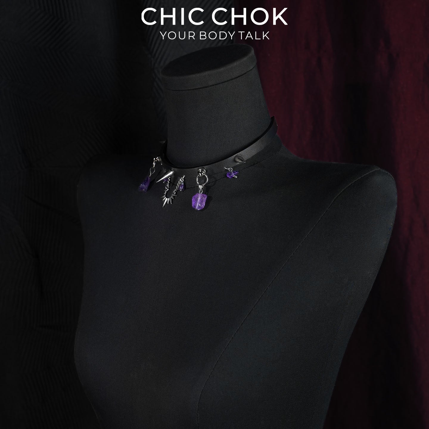CHICCHOK Phantom Crystal Shackle Slim Choker | Gothic Amethyst Spike Leather Collar | Luxury Witchcore Punk Subversive Body Armor