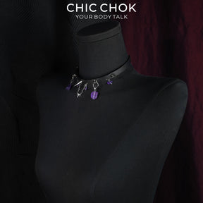 CHICCHOK Phantom Crystal Shackle Slim Choker | Gothic Amethyst Spike Leather Collar | Luxury Witchcore Punk Subversive Body Armor