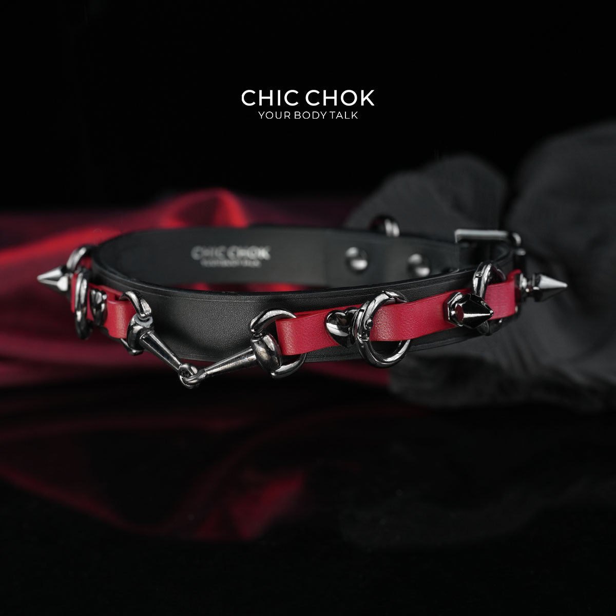 CHICCHOK [Mysterious Queen] Red&Black Spikes Stylish Leather Choker