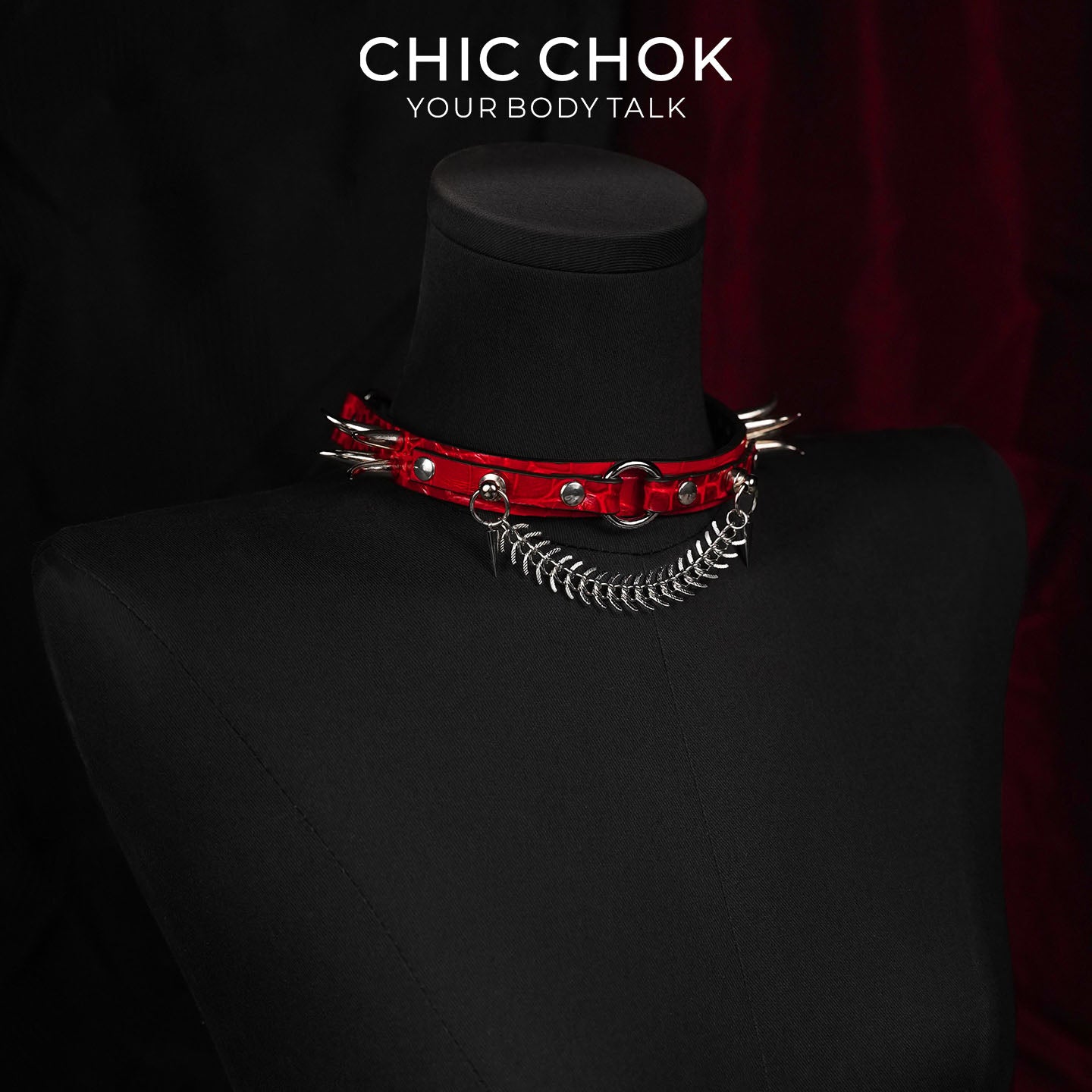 CHICCHOK Crimson Croc | Bone Kiss Spiked Choker | Crocodile Embossed Leather Fishbone Necklace