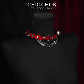 CHICCHOK Crimson Croc | Bone Kiss Spiked Choker | Crocodile Embossed Leather Fishbone Necklace