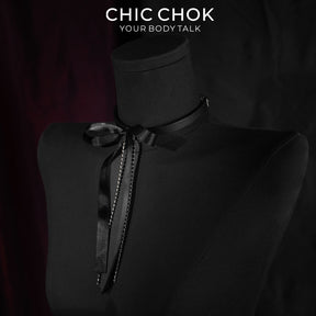 CHICCHOK Satin Shadow Genuine Leather Choker | Gothic Ribbon Bowknot Necklace | Balletcore Quiet Luxury Black Silk Tassel Collar Alternative Jewelry