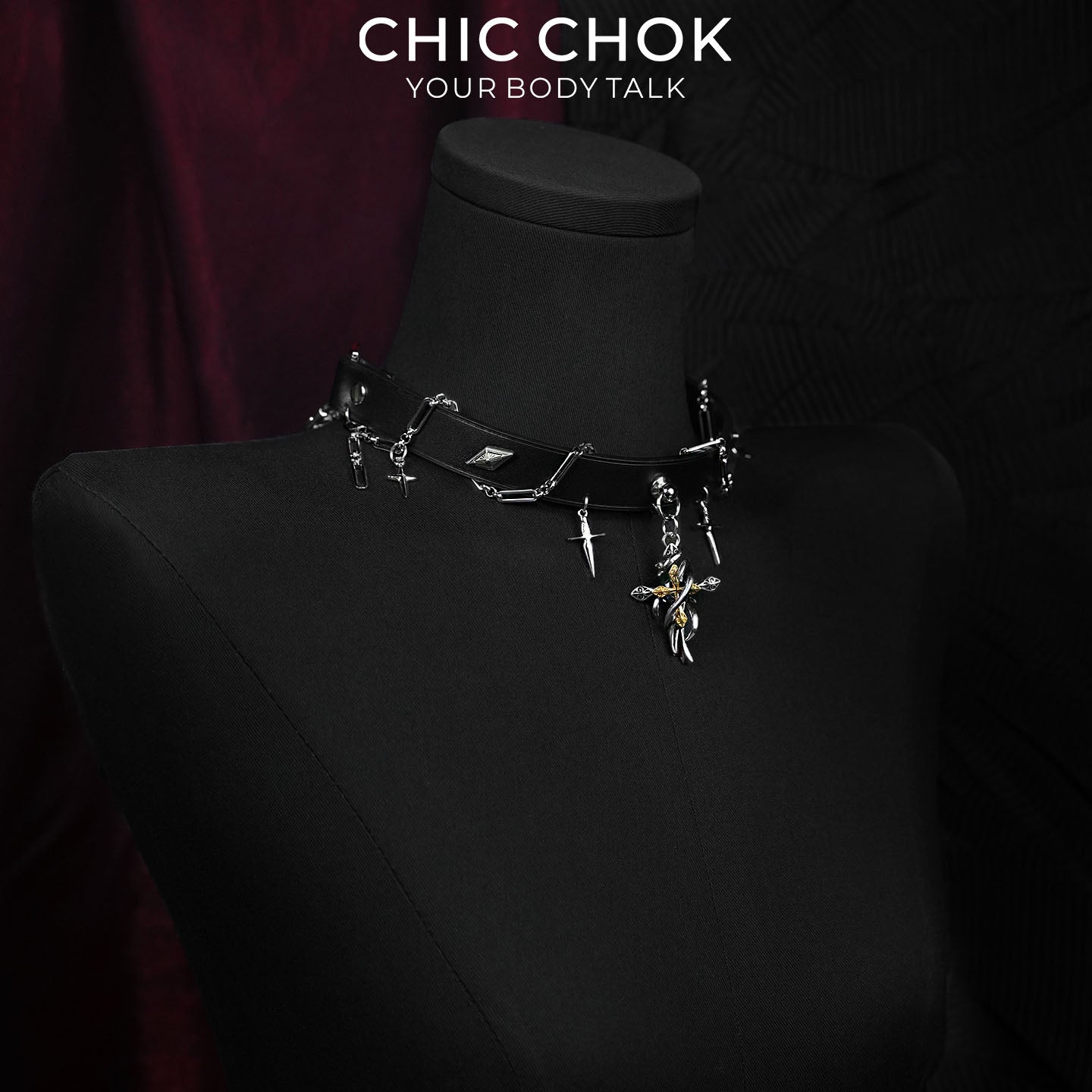 CHICCHOK Cloister Sunset Genuine Leather Choker | Gothic Thorn Cross Pendant Collar | Luxury Baroque Dagger Subversive Techwear Jewelry