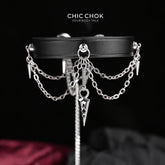 CHICCHOK “Dual Arrow Order” | スパイク付きレザーチョーカー | 360度ダガーペンダントのドロップチェーン | ゴシックパンク・サブカルチャーのネックアクセサリー