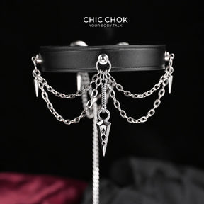 CHICCHOK "Dual Arrow Order" Leather Spike Choker | 360-Degree Dagger Pendant Drop Chain | Gothic Punk Subculture Neckwear