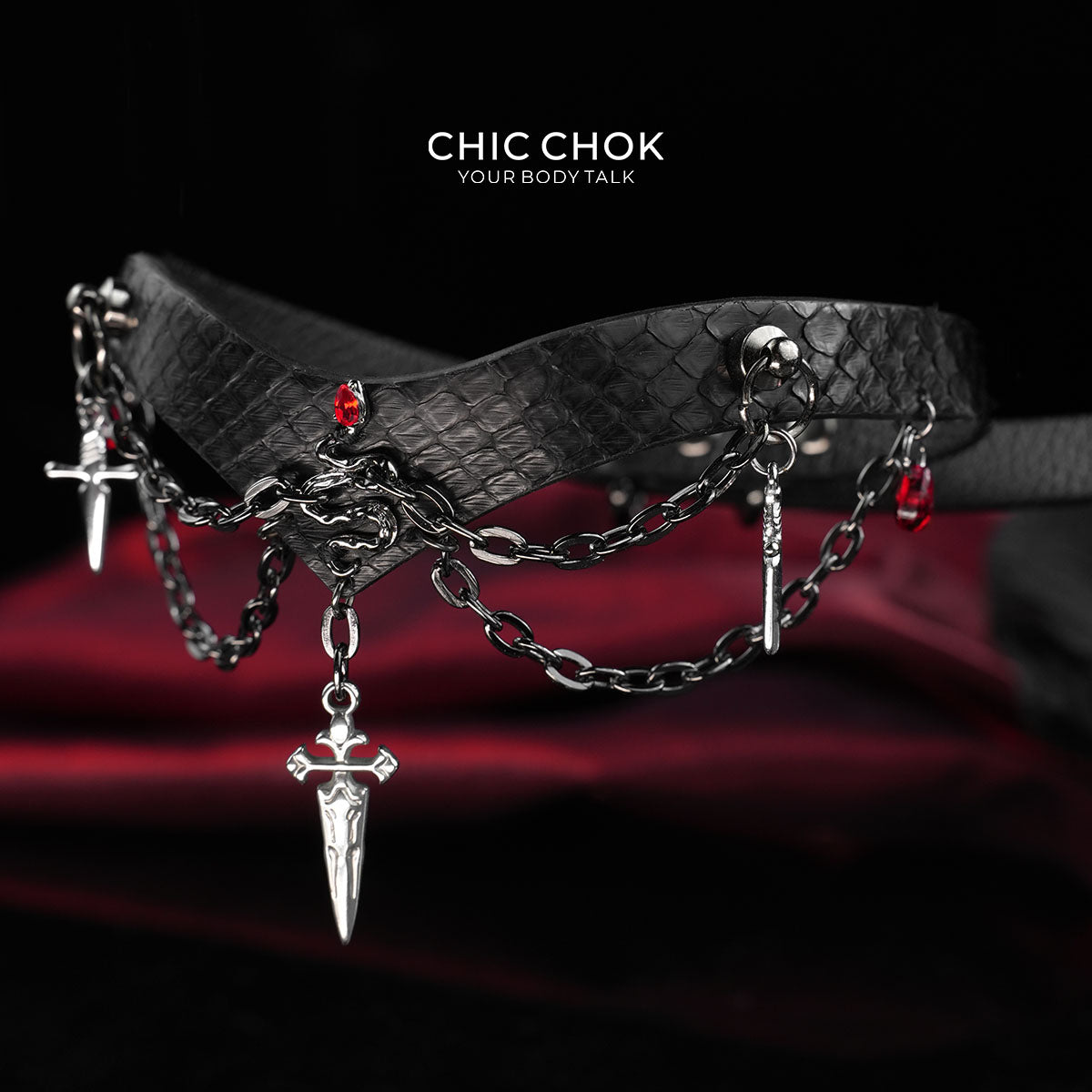 CHICCHOK "Serpent's Blood Oath" Python Leather Sword Choker | Dark Gothic V-Shape Collar | Subculture Rebellious Neckwear