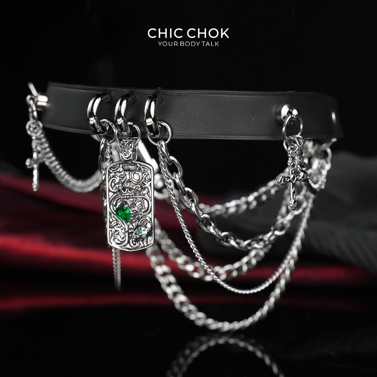CHICCHOK Emerald Night Ritual Leather Choker | Gothic Layered Chain Stainless Steel Collar | Ornate Emerald Amulet Vampire Grunge Jewelry