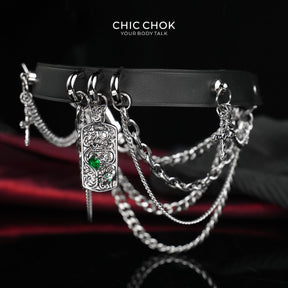 CHICCHOK Emerald Night Ritual Leather Choker | Gothic Layered Chain Stainless Steel Collar | Ornate Emerald Amulet Vampire Grunge Jewelry