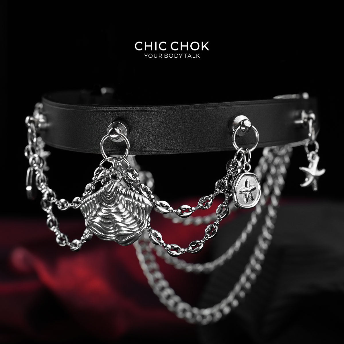 CHICCHOK "Dark Tide Whisper" Reversible Ocean Choker | Genuine Leather & Stainless Steel Shell Collar | Dark Resort Layered Neckwear