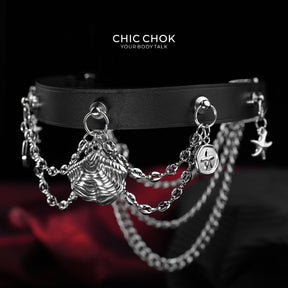 CHICCHOK "Dark Tide Whisper" Reversible Ocean Choker | Genuine Leather & Stainless Steel Shell Collar | Dark Resort Layered Neckwear