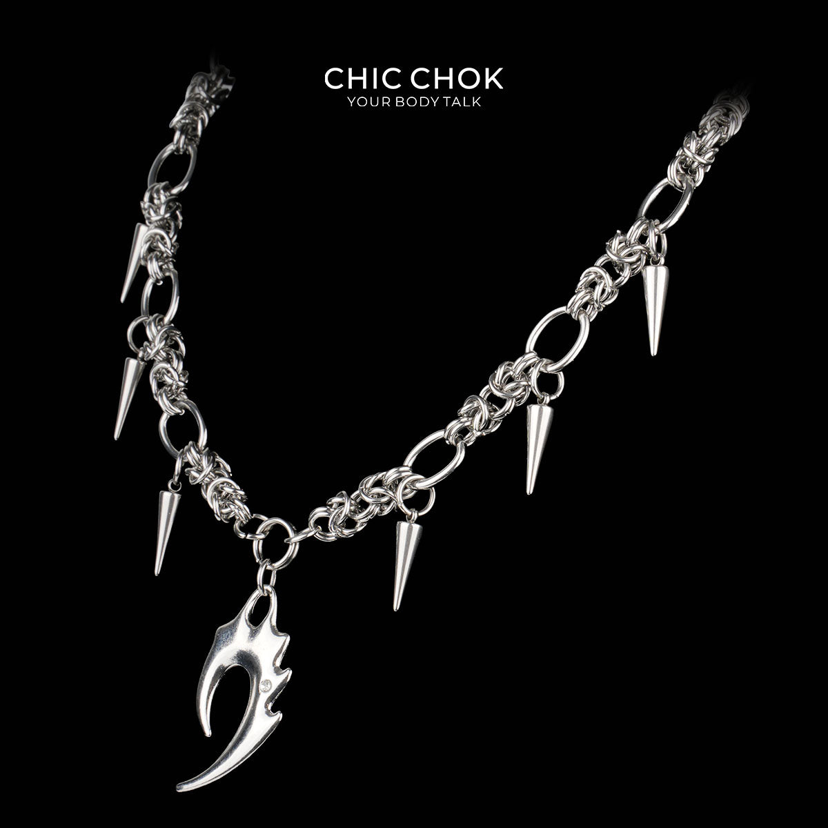 CHICCHOK Riven Wind Claw Necklace | Stainless Steel Spike Chainmail Collar | Cyberpunk Neo-Tribal Hook Pendant Grunge Jewelry