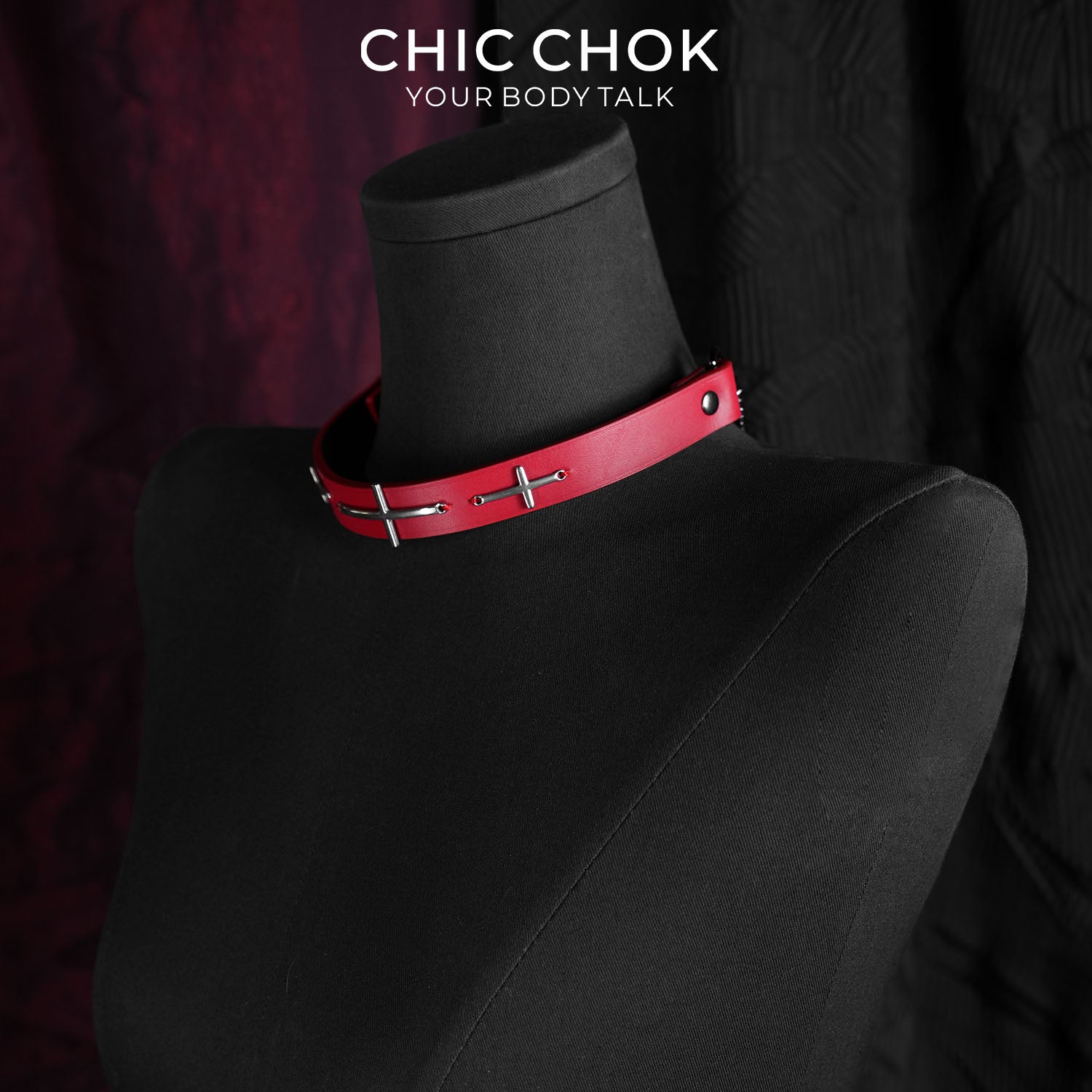 CHICCHOK Sacred Path Red Covenant Genuine Leather Choker | Gothic Silver Cross Pendant Collar | Luxury Red & Silver Subversive Punk Bondage Jewelry
