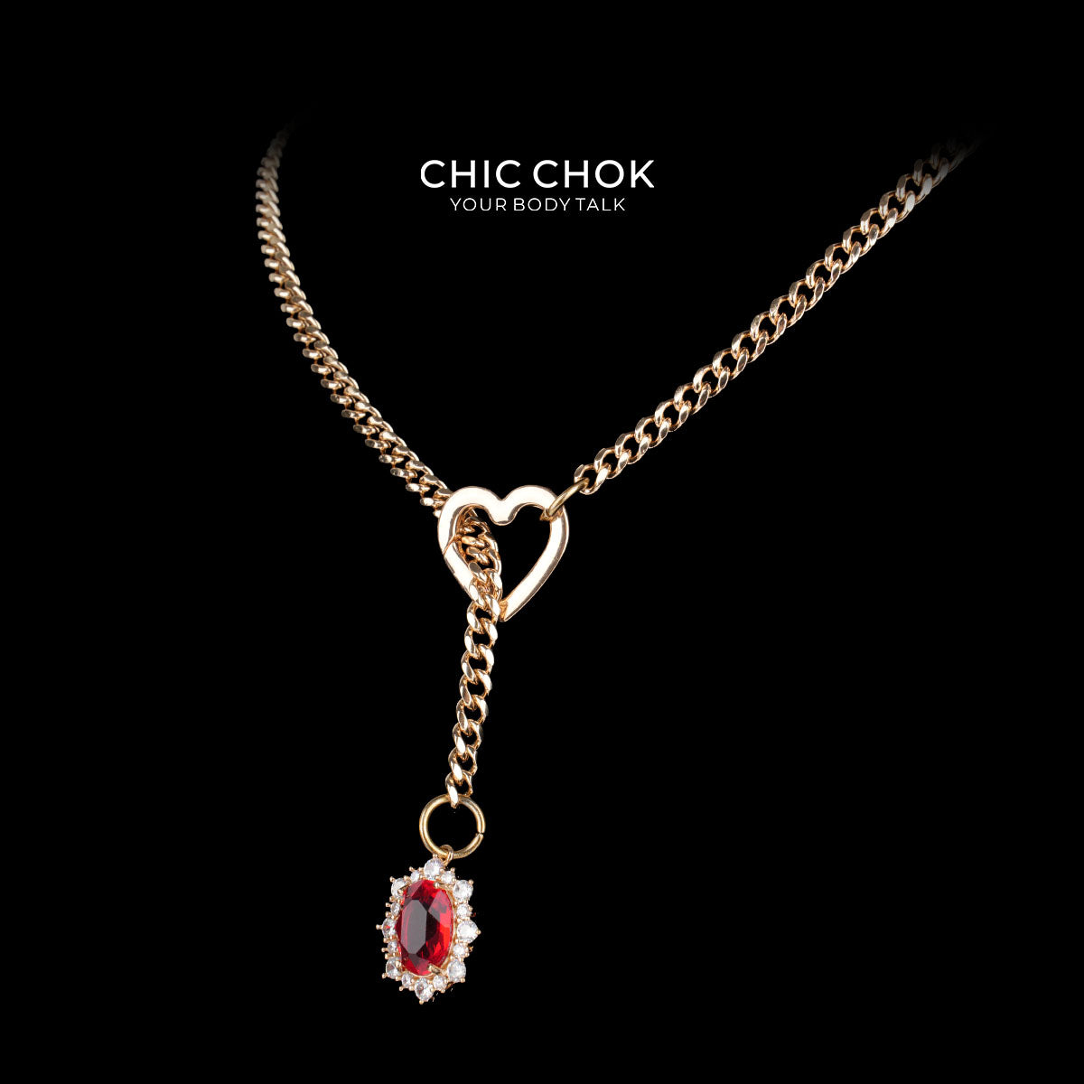 CHICCHOK Golden Silence | Layered Titanium Steel Y-Necklace | Red Crystal Heart Pendant