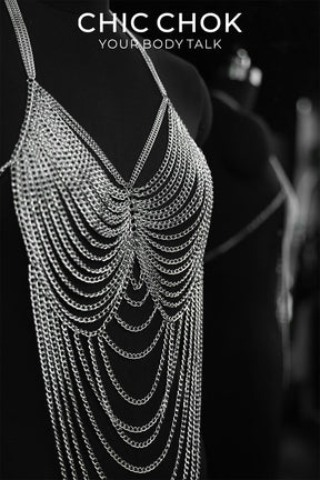 CHICCHOK Tidal Mesh Body Chain Armor | Handcrafted Silver Cuban Link Harness | Gothic Subversive Grunge Beachwear Festival Jewelry