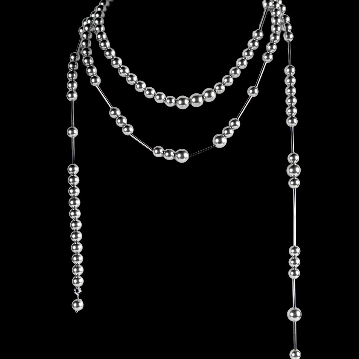 CHICCHOK Dream Lock Pearl Lariat Necklace - Avant-Garde Silver Metallic Shell Pearl & Stainless Steel Layered Body Chain