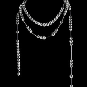 CHICCHOK Dream Lock Pearl Lariat Necklace - Avant-Garde Silver Metallic Shell Pearl & Stainless Steel Layered Body Chain
