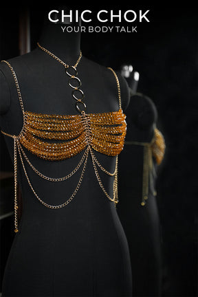 CHICCHOK Gypsy Kiss | Red Crystal Bralette Body Chain | Layered Gold Boho Harness