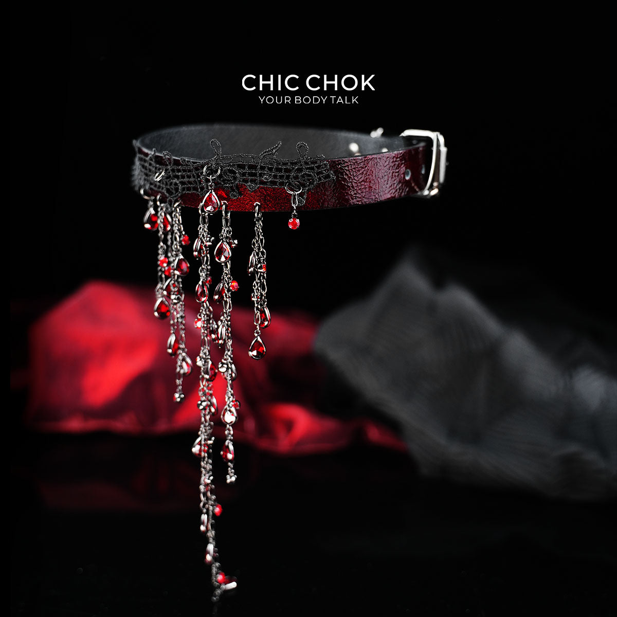 CHICCHOK "Scarlet Aria" Vampire Lace Choker | Genuine Leather & Crystal Teardrop Collar | Dark Gothic Theatrical Neckwear