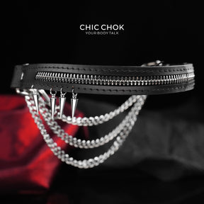 CHICCHOK "Deconstructed Seal" Zipper Embedded Leather Choker | Heavy Metal Spikes & Layered Chains | Dark Punk Y2K Neckwear