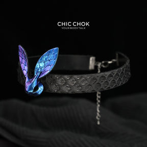 CHICCHOK Abyssal Phantom Rabbit Choker | Genuine Cowhide & Snakeskin Leather Collar | Iridescent Gothic Bunny Cyberpunk Neckwear