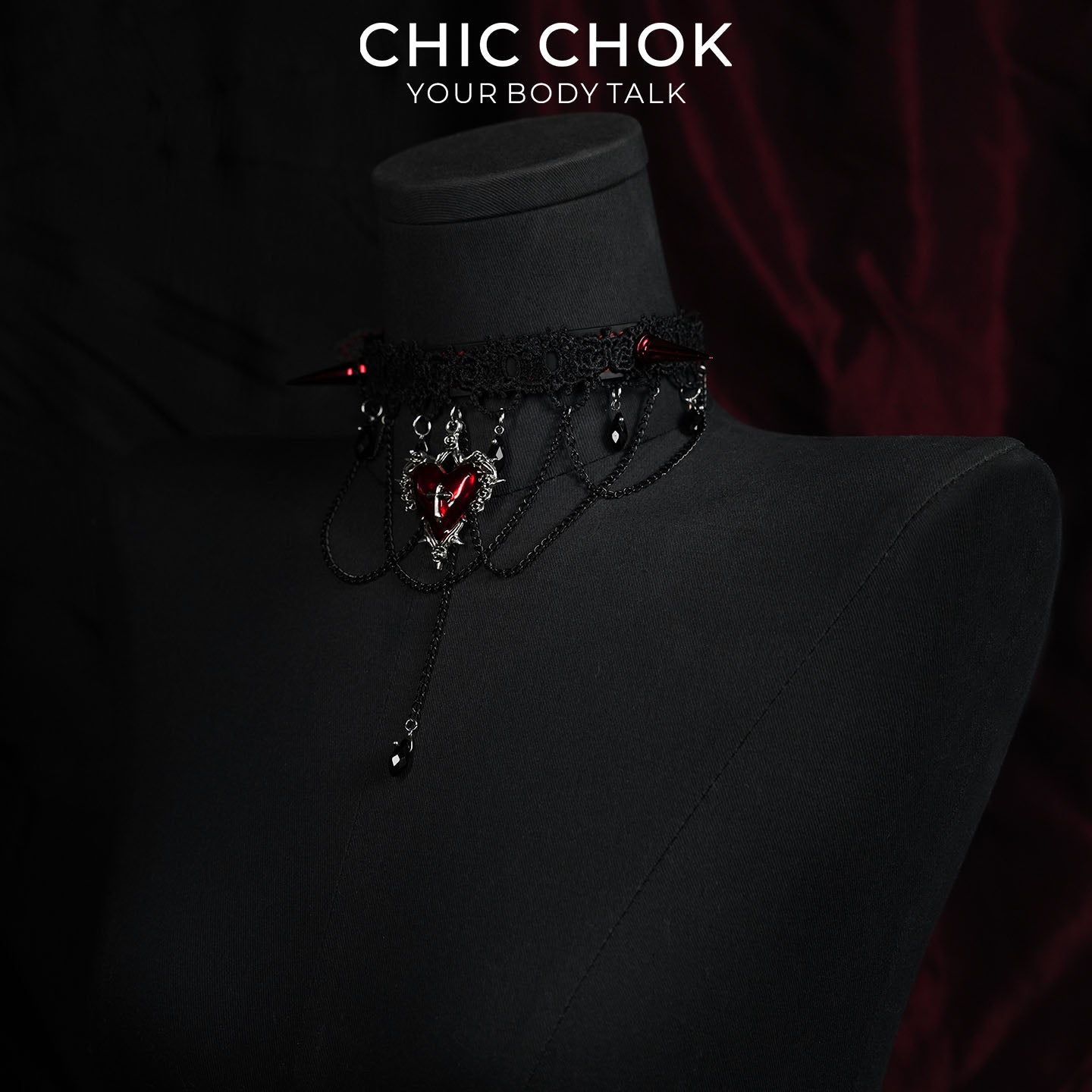 CHICCHOK Black and Red Lace Spiked Collar | Top-Grain Calfskin Cross-Shaped Pendant | Vampire Gothic Lace Necklace