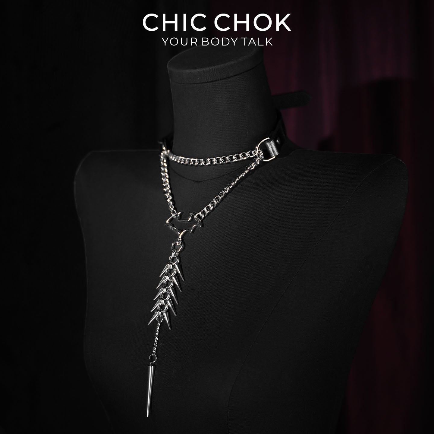 CHICCHOK Nightshade Thorns Leather Choker | Gothic Genuine Leather Bat Wing Collar | Subversive Y2K Industrial Zinc Alloy Spine Spike Tassel Body Armor