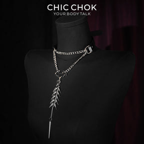 CHICCHOK Nightshade Thorns Leather Choker | Gothic Genuine Leather Bat Wing Collar | Subversive Y2K Industrial Zinc Alloy Spine Spike Tassel Body Armor