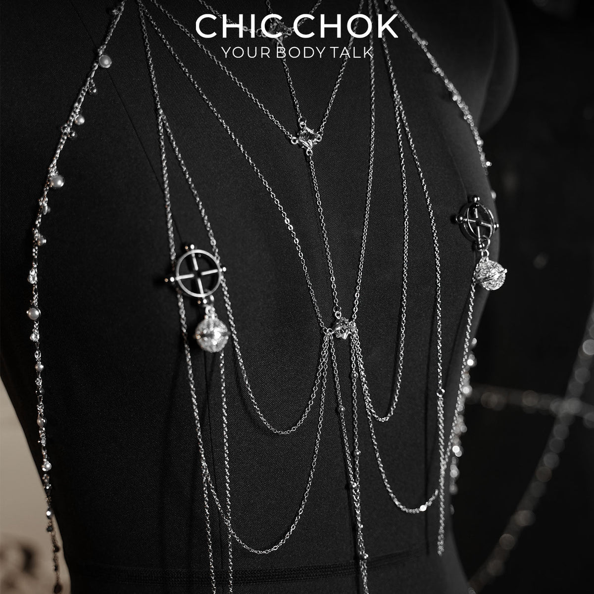 CHICCHOK Crown of the Night Queen | Silver Crystal Body Chain Set | Gothic Compass Harness & Intimate Bell Lingerie Jewelry