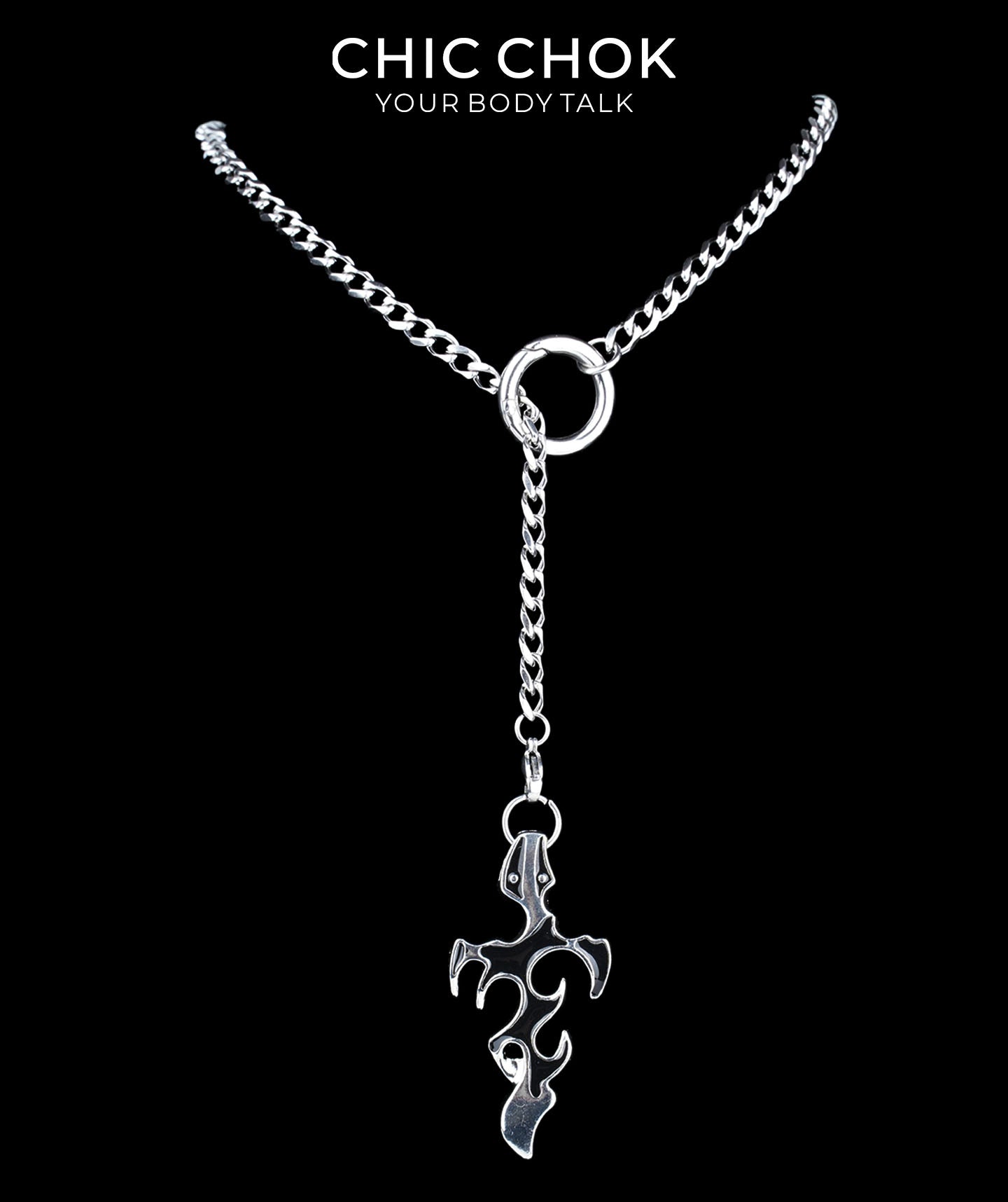 CHICCHOK Subversive Y-Lariat Chain Necklace | Gothic Stainless Steel Cuban Link Collar