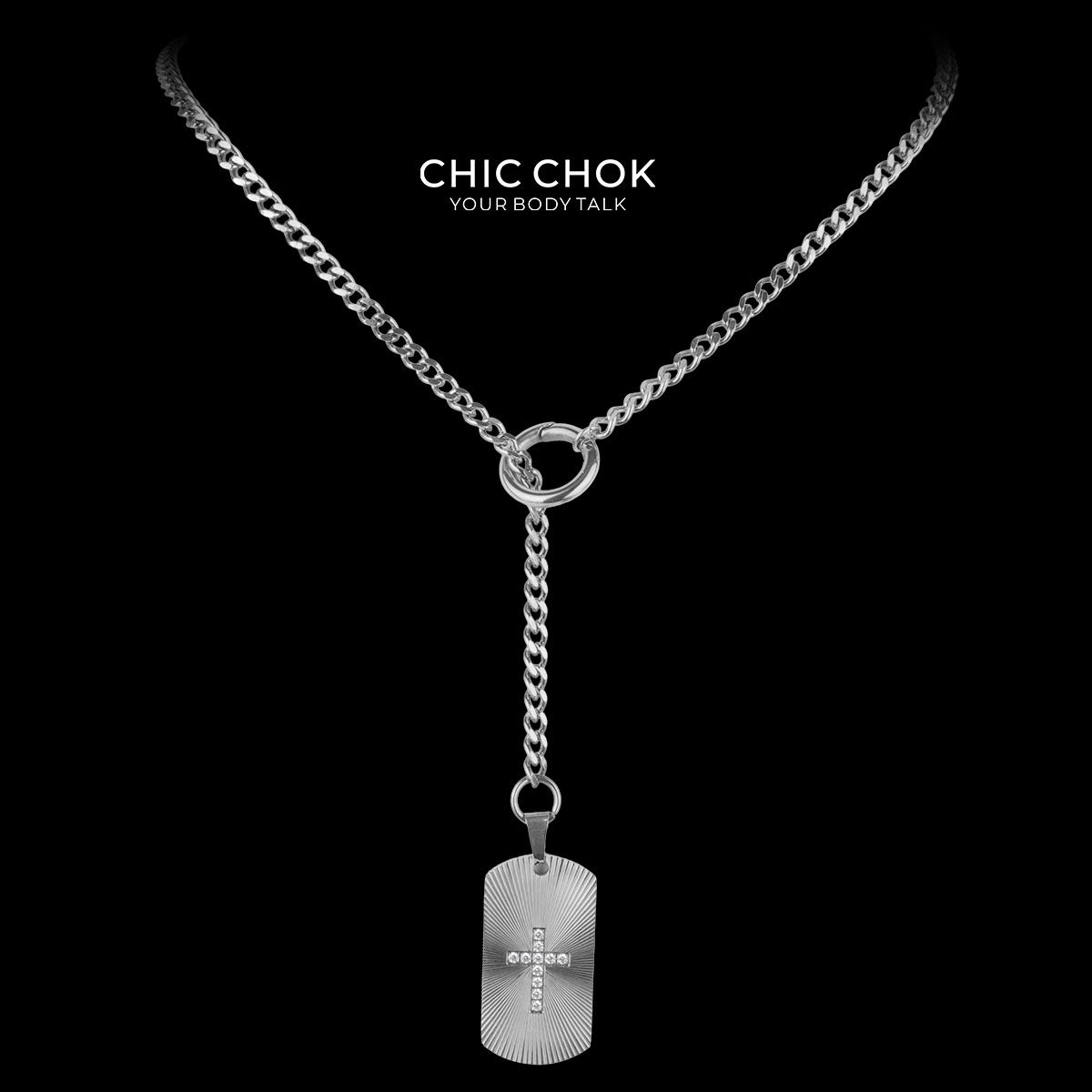 CHICCHOK "Glorious Dog Tag" Custom Laser Engraved Y-Necklace | Stainless Steel Gothic Cross Military Tag Drop Chain | Dark Streetwear Subculture Jewelry