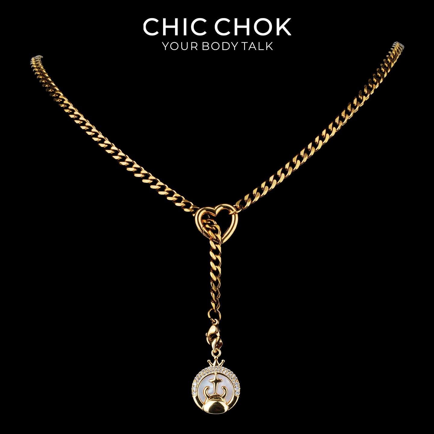 Collier cravate en Y Whispering Selene CHICCHOK | Chaîne dorée à maillons cubains en acier inoxydable avec cœur | Pendentif lune astrologique en nacre et strass décliné en 12 signes du zodiaque