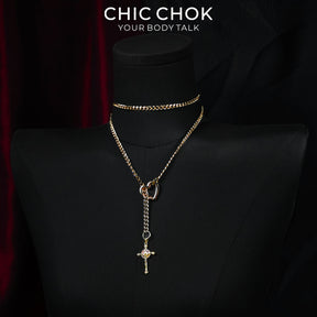 CHICCHOK Starlight Crucifix Y-Lariat Necklace | Gold Plated Jesus Cross Choker | Luxury Gothic Baroque Subversive Jewelry