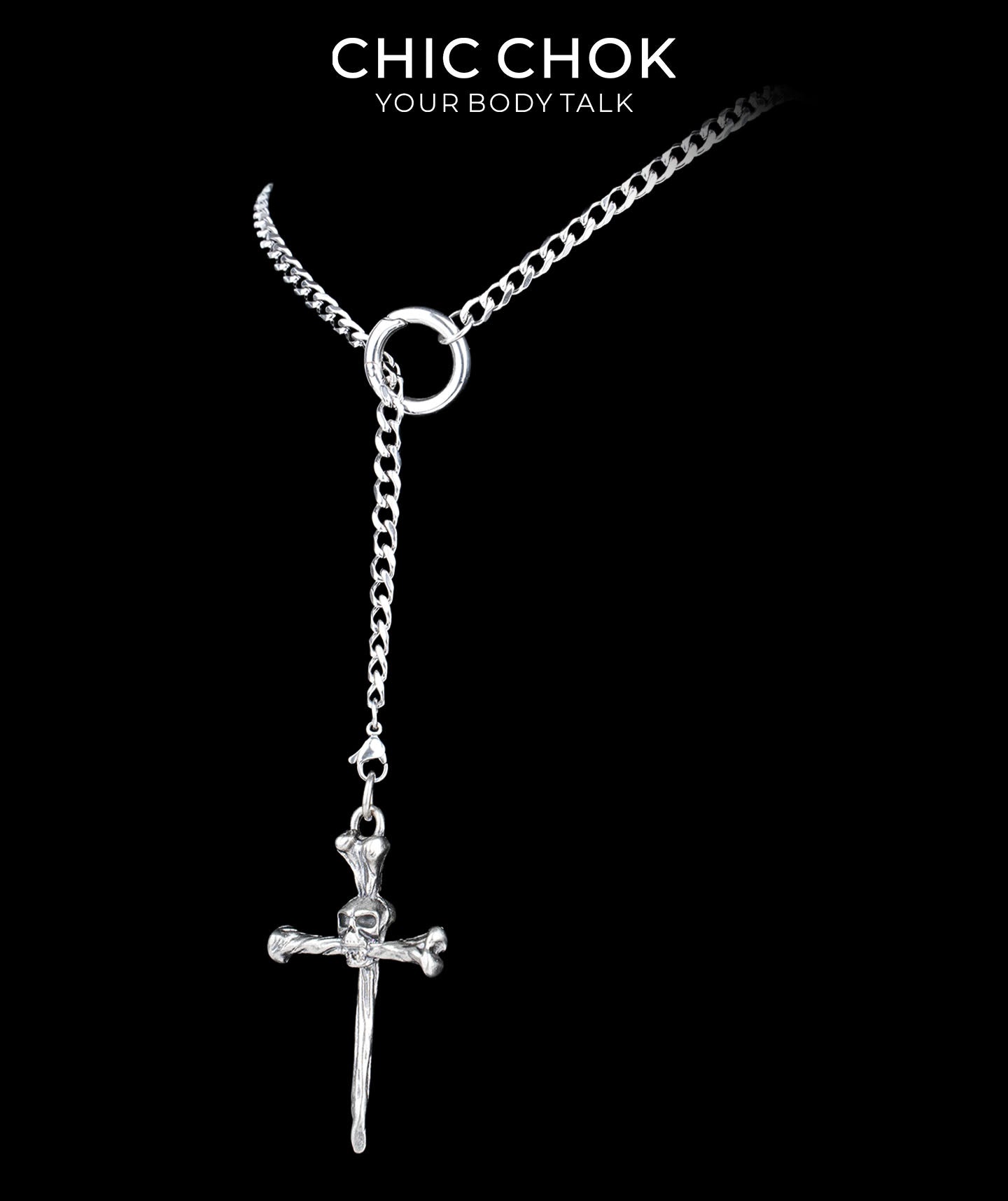 CHICCHOK Subversive Y-Lariat Chain Necklace | Gothic Stainless Steel Cuban Link Collar