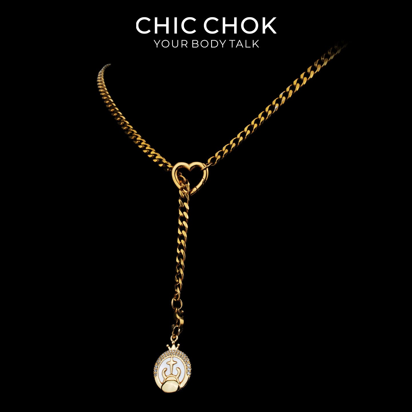 Collier cravate en Y Whispering Selene CHICCHOK | Chaîne dorée à maillons cubains en acier inoxydable avec cœur | Pendentif lune astrologique en nacre et strass décliné en 12 signes du zodiaque
