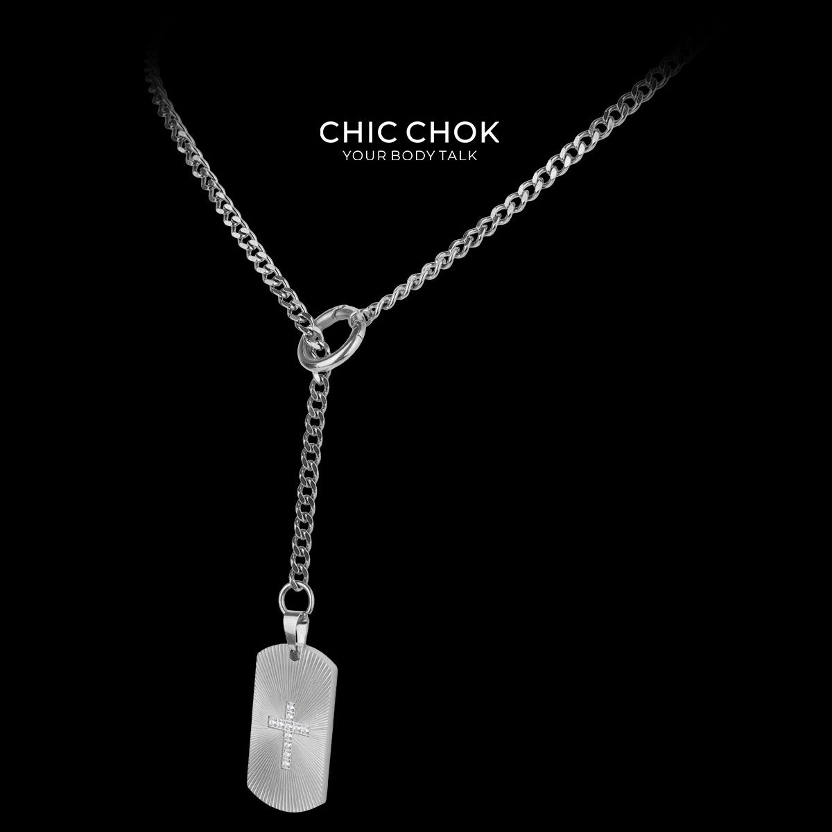 CHICCHOK "Glorious Dog Tag" Custom Laser Engraved Y-Necklace | Stainless Steel Gothic Cross Military Tag Drop Chain | Dark Streetwear Subculture Jewelry