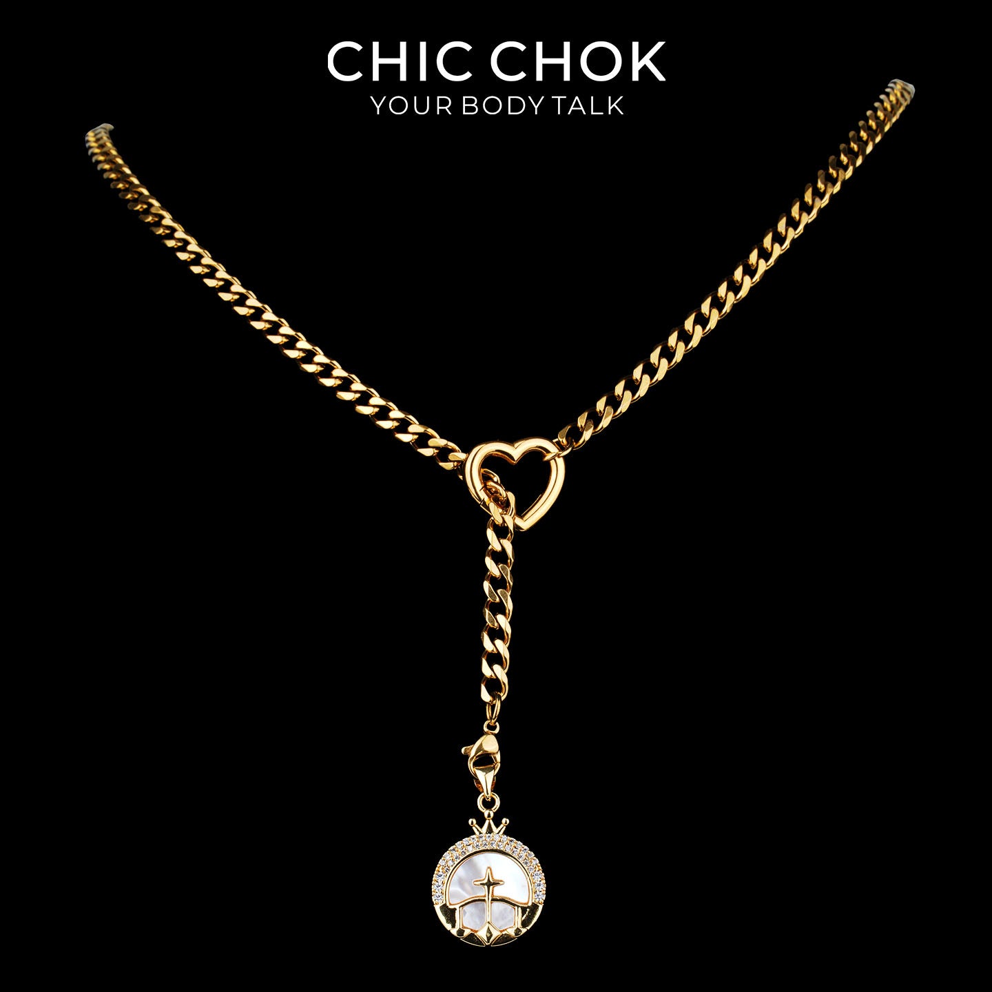Collier cravate en Y Whispering Selene CHICCHOK | Chaîne dorée à maillons cubains en acier inoxydable avec cœur | Pendentif lune astrologique en nacre et strass décliné en 12 signes du zodiaque
