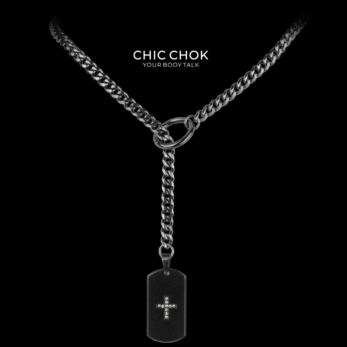 CHICCHOK "Glorious Dog Tag" Custom Laser Engraved Y-Necklace | Stainless Steel Gothic Cross Military Tag Drop Chain | Dark Streetwear Subculture Jewelry