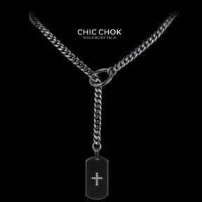 CHICCHOK "Glorious Dog Tag" Custom Laser Engraved Y-Necklace | Stainless Steel Gothic Cross Military Tag Drop Chain | Dark Streetwear Subculture Jewelry
