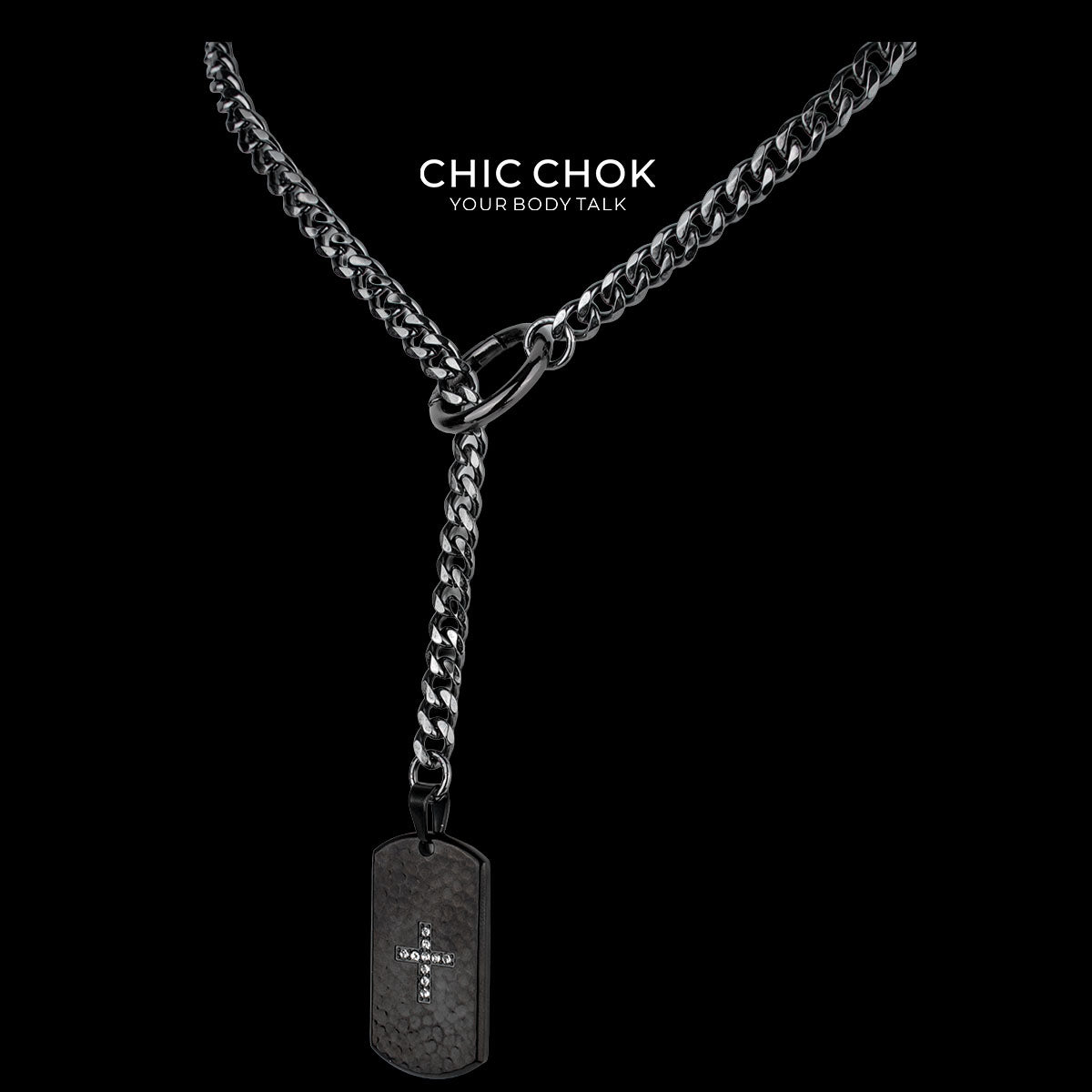 CHICCHOK "Glorious Dog Tag" Custom Laser Engraved Y-Necklace | Stainless Steel Gothic Cross Military Tag Drop Chain | Dark Streetwear Subculture Jewelry