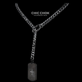 CHICCHOK "Glorious Dog Tag" Custom Laser Engraved Y-Necklace | Stainless Steel Gothic Cross Military Tag Drop Chain | Dark Streetwear Subculture Jewelry