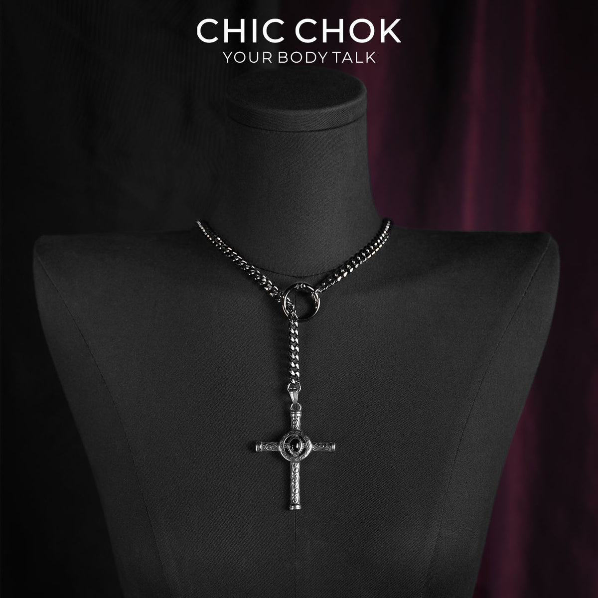 CHICCHOK Gloom Eye Crucifix Y-Lariat Necklace | Stainless Steel Cuban Link Chain | Gothic Vintage Zinc Alloy Cross Pendant Occult Jewelry