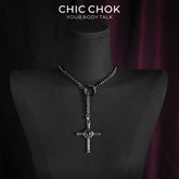 CHICCHOK Gloom Eye Crucifix Y-Lariat Necklace | Stainless Steel Cuban Link Chain | Gothic Vintage Zinc Alloy Cross Pendant Occult Jewelry